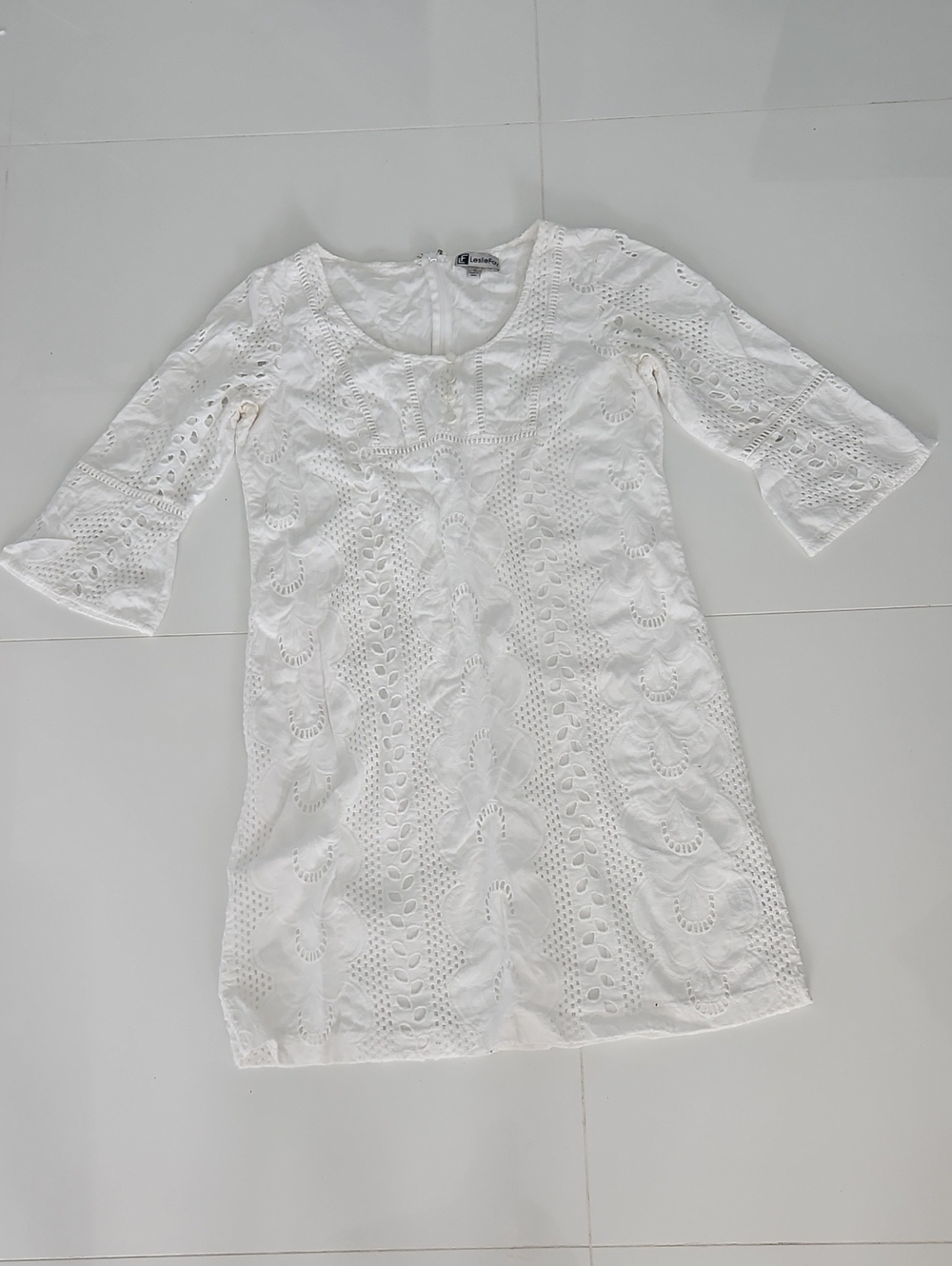 Leslie Fay White Eyelet 3/4-Sleeve Dress